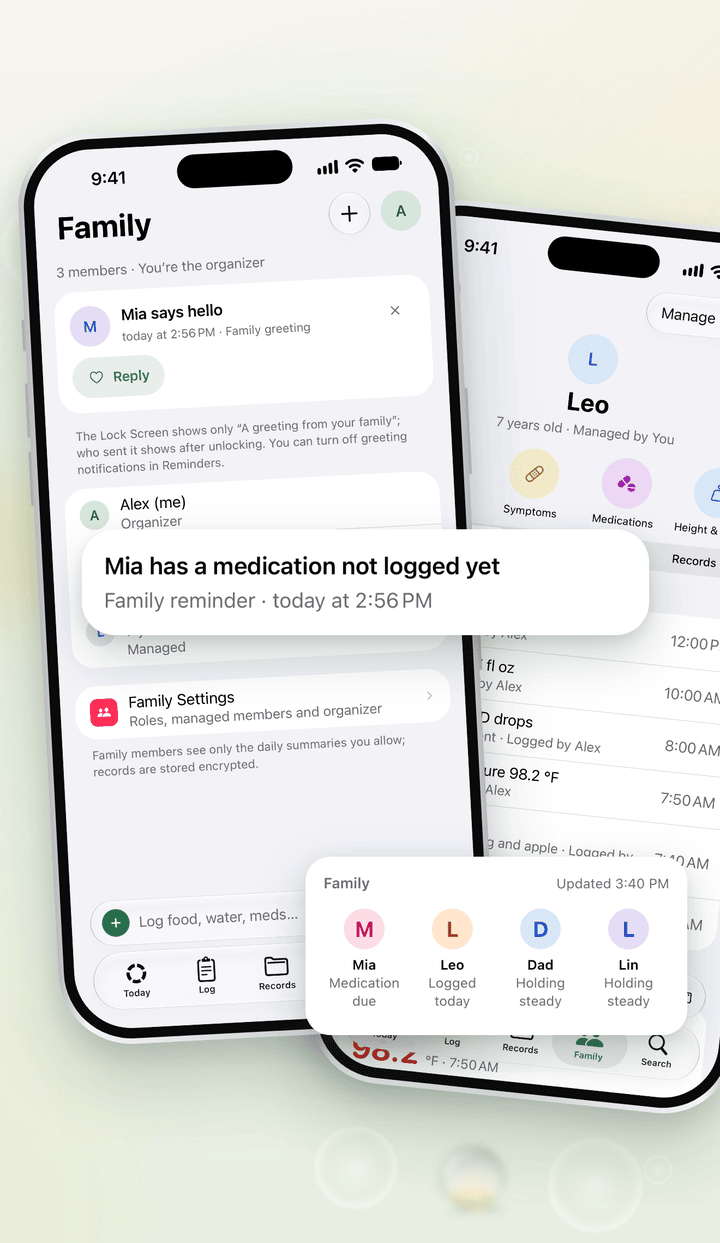 Linnea’s Family tab: members with you as the organizer, a hello from Mia and a care alert that Mia has a medication not logged yet; beside it, the profile of Leo, 7, managed by you.