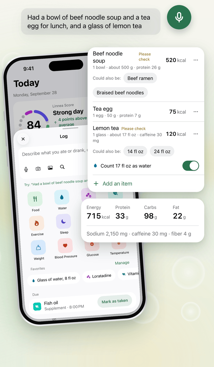 Logging lunch by voice in Linnea: “Had a bowl of beef noodle soup and a tea egg for lunch, and a glass of lemon tea” becomes three items, beef noodle soup, a tea egg and lemon tea, to check before saving.