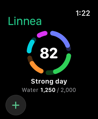 Today on Apple Watch: Linnea score 82, a strong day, water 1,250 of 2,000 ml
