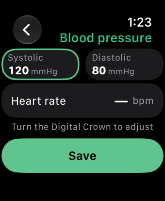 Blood pressure on Apple Watch: 120 over 80 mmHg, set with the Digital Crown