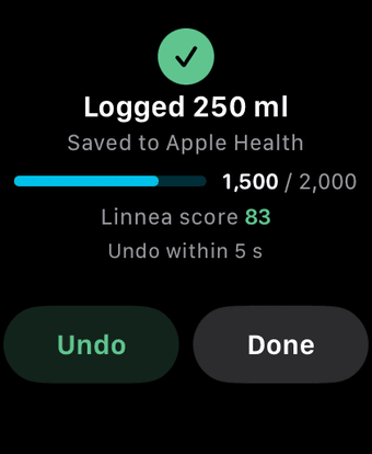Logged 250 ml, saved to Apple Health, with undo for five seconds