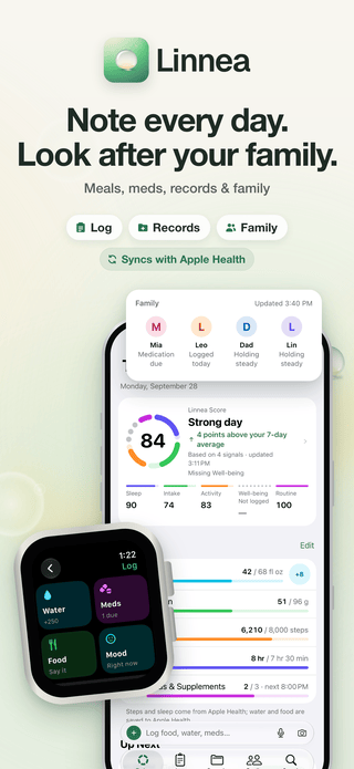 Screenshot: Note every day. Look after your family. Linnea on iPhone and Apple Watch