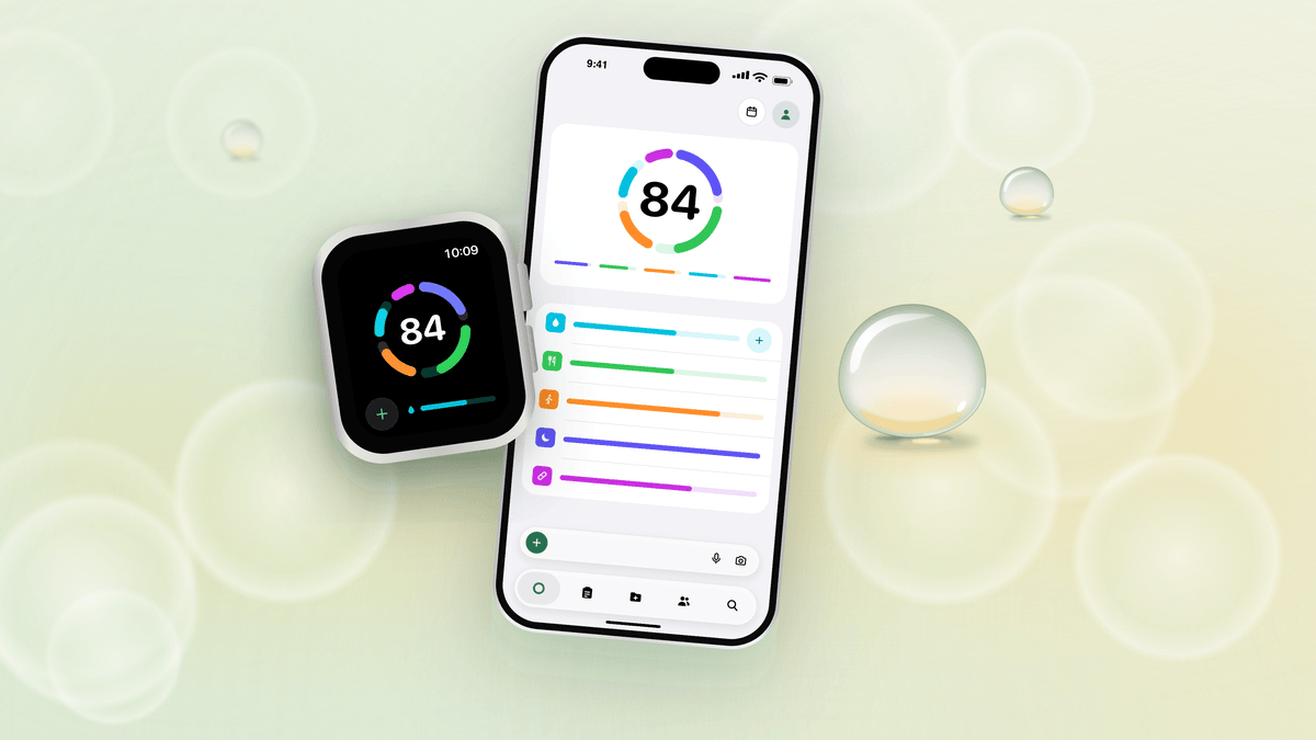 Key art: Linnea on iPhone and Apple Watch, both showing a score of 84, among dewdrops on a soft green field