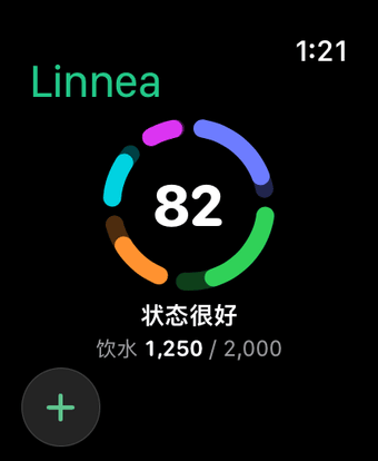 Apple Watch 上的今日：Linnea 评分 82，状态很好，饮水 1,250 / 2,000 毫升