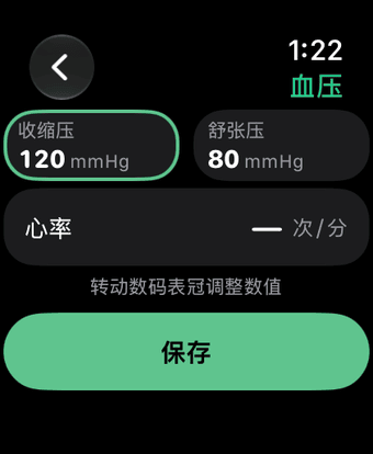 在 Apple Watch 上记录血压：收缩压 120、舒张压 80 mmHg