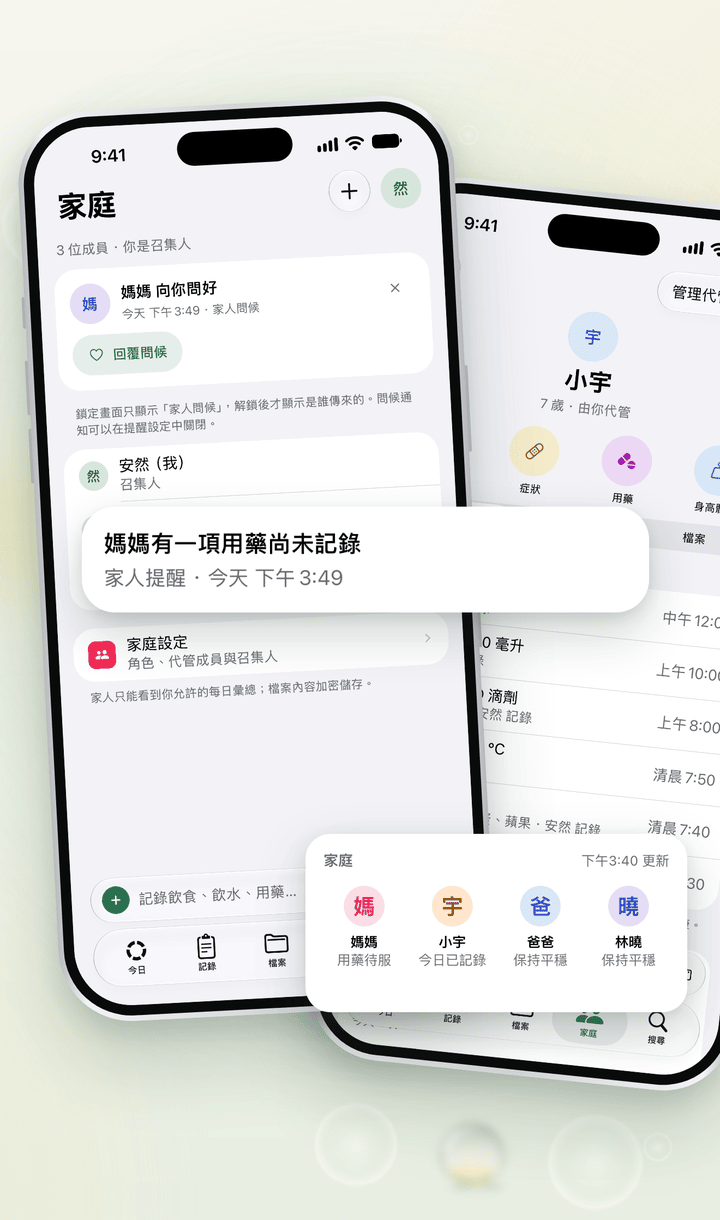 Linnea 家庭頁：家人的動態、問候和照護提醒，旁邊是由你代管的孩子的檔案。
