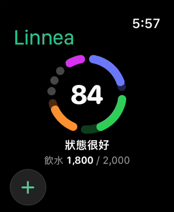 Apple Watch 上的今日：Linnea 評分 82，狀態很好，飲水 1,250 / 2,000 毫升