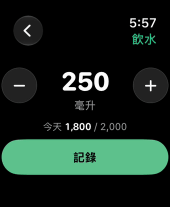 在 Apple Watch 上記錄 250 毫升飲水