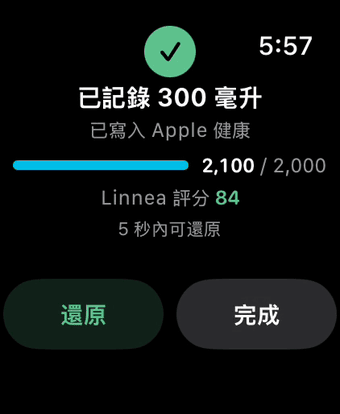 已記錄 250 毫升，已寫入 Apple 健康，5 秒內可以復原